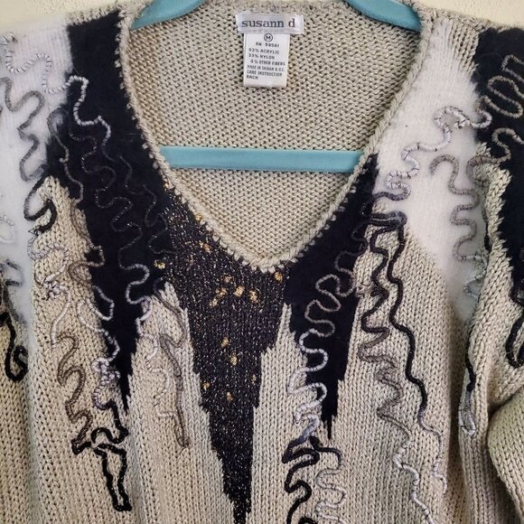 Vintage 80s Susann d Mixed Media Neutral Y2K Sweater Size M - Picture 3 of 4